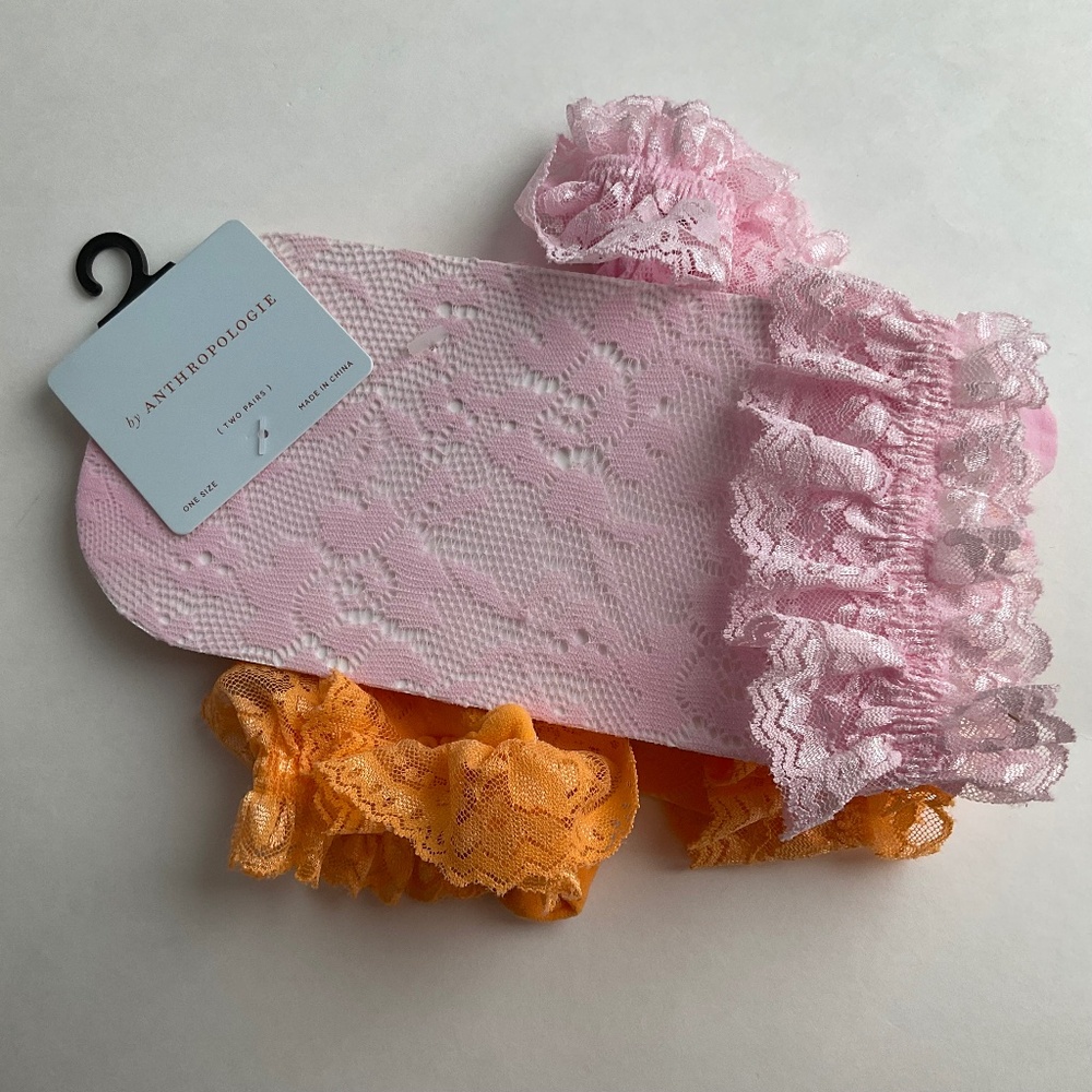 Anthropologie Hosiery Set of Two Ruffle Lace Socks 2 Pairs Orange & Pink…